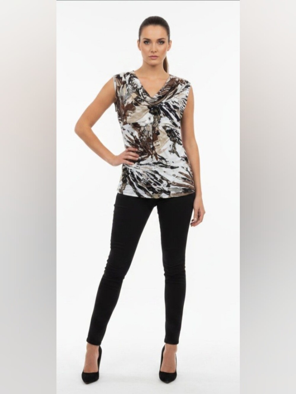 Dusak Designs Brown/Black/White Printed Cowl Neck Embelished Slvless Blouse Sz M